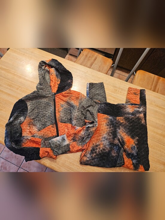 Jolie & Joy by FCT With Love Pants - Women's Orange & Black Textured Zip Hoodie Jogger Set